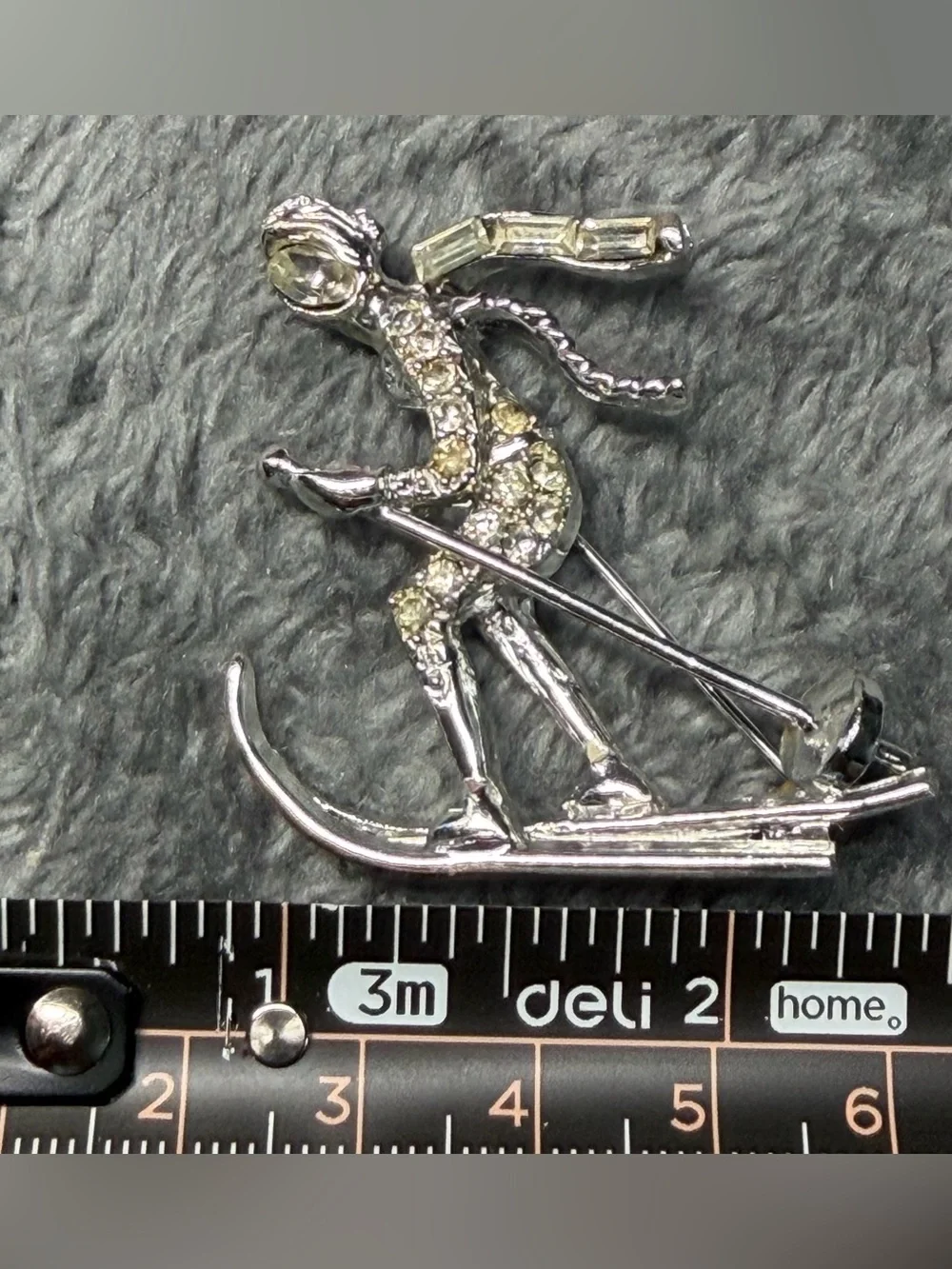 Silver-Tone Rhinestone Skier Pin - Silver